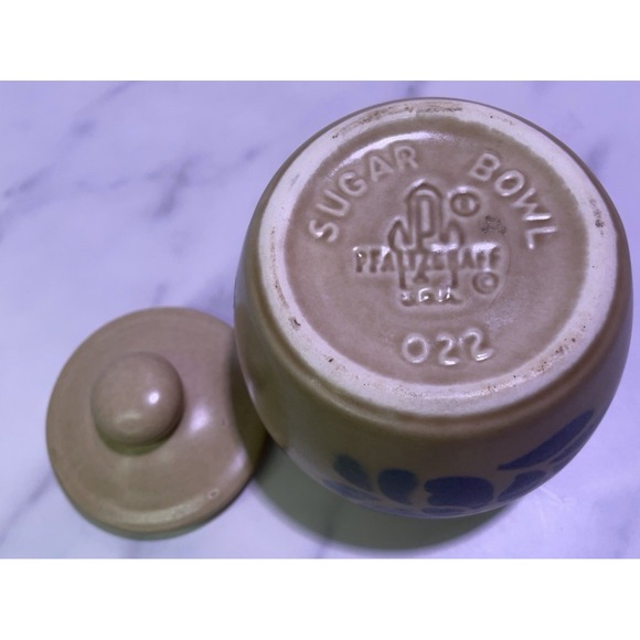 EUC Pfaltzgraff Blue Tan FOLK ART‎ Stoneware Sugar Bowl Crock W/ Lid Vintage USA - Picture 6 of 6